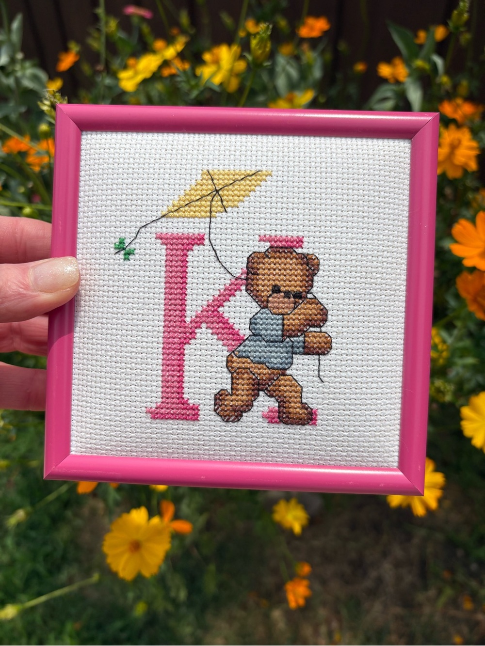Framed Cross Stitch Baby Girl Pink Nursery Teddy Bear Kite Initial ‘K’ Handmade